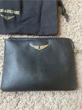 Zadig & Voltaire Black Leather Zip Pouch with Silver Wing Logo